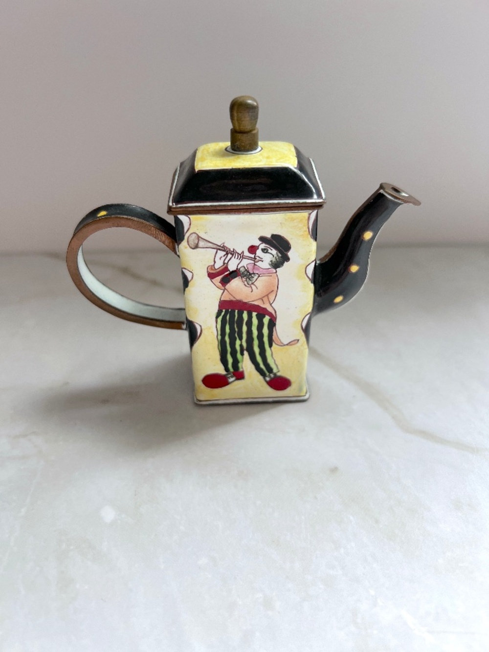 Kelvin Chen Miniature Enamel on Copper Teapot — Circus Clown Trumpet Player